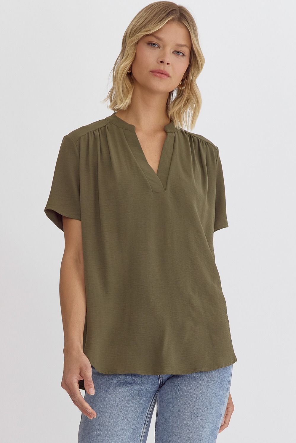 Solid V-Neck Placket Top