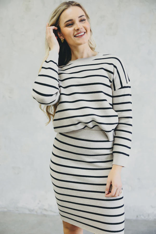 Striped Knit Sweater in Latte