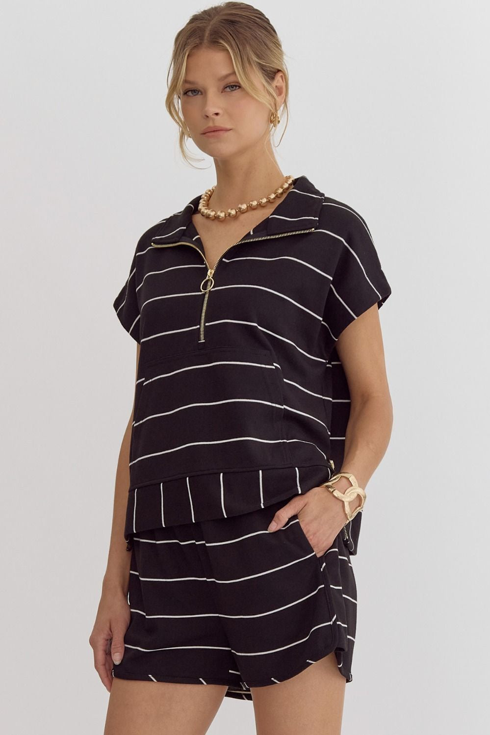 Striped 3/4 Zip Front Top