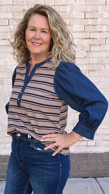 Striped Ribbed Top With Denim Sleeve