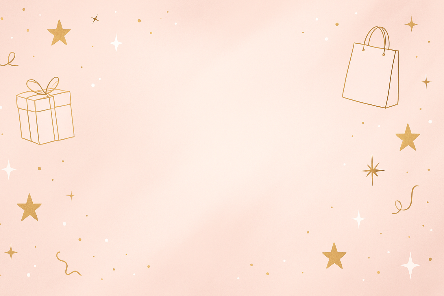 Create an elegant, feminine loyalty program banner background for Lillians Lovelies in soft blush pink, white, and gold tones. Include subtle icons or illustrations like gift boxes, stars, sparkles, shopping bags, and confetti. The style should feel modern, classy, and boutique — matching the aesthetic of a chic women’s fashion store. No text, just decorative background for overlaying text later.
