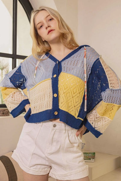 Patchwork Knit Hoodie Cardigan