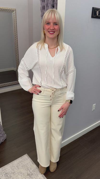 Cream Dream Drawstring Wide Leg Jeans by Vervet