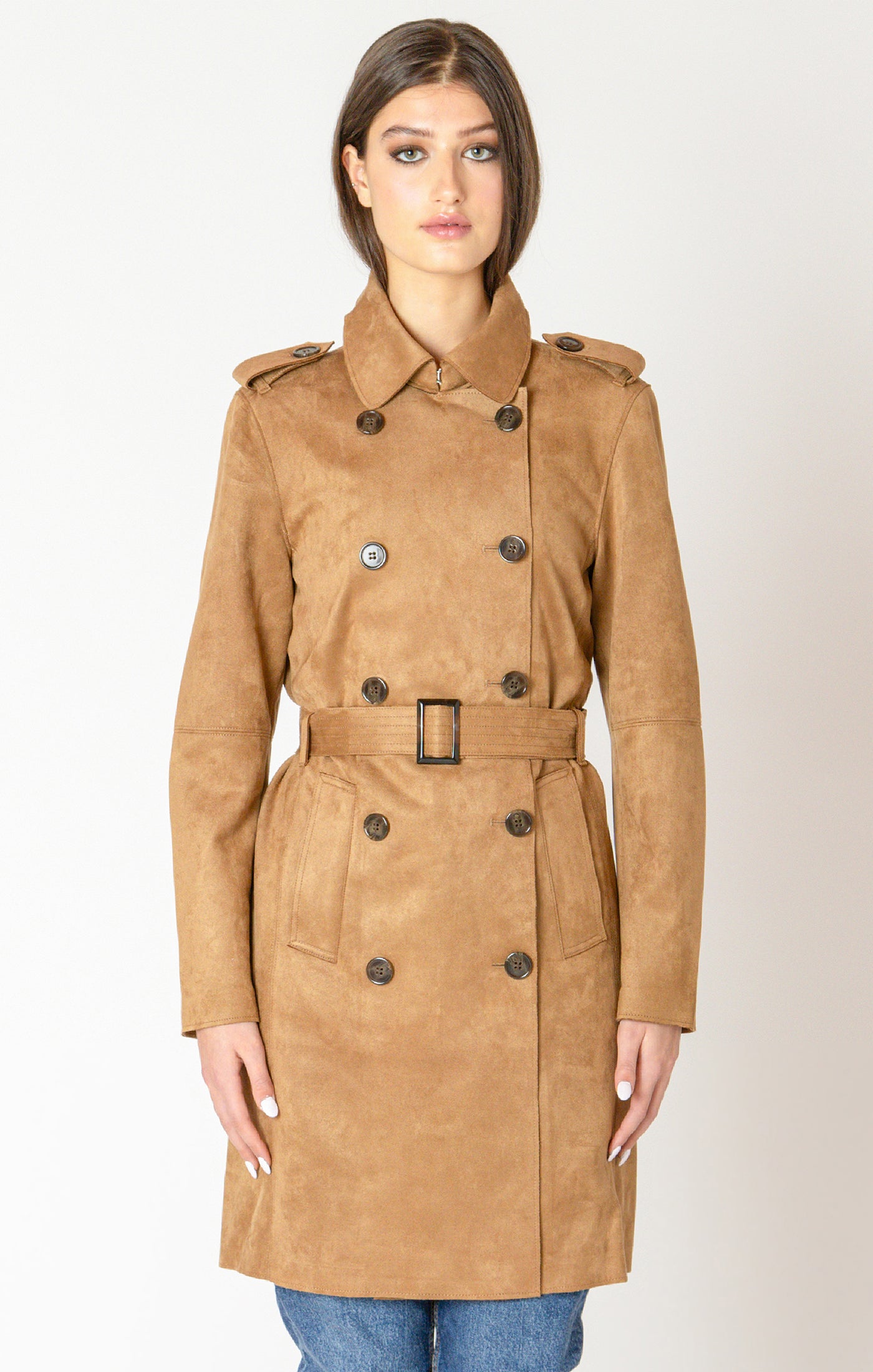 Camel Classic Faux Suede Trench Coat by Dex