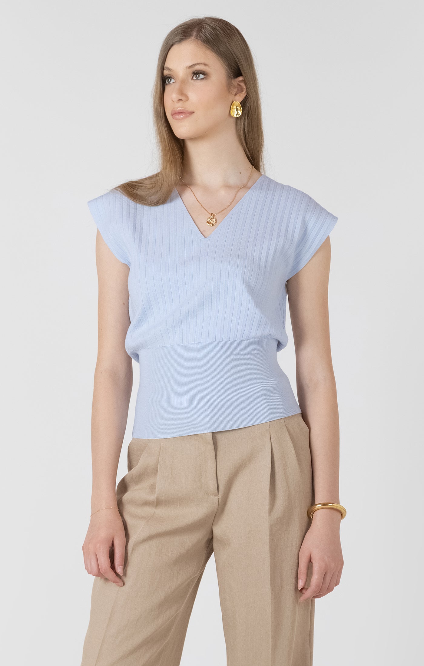 Fresh Sky Ribbed Sweater Top by Dex