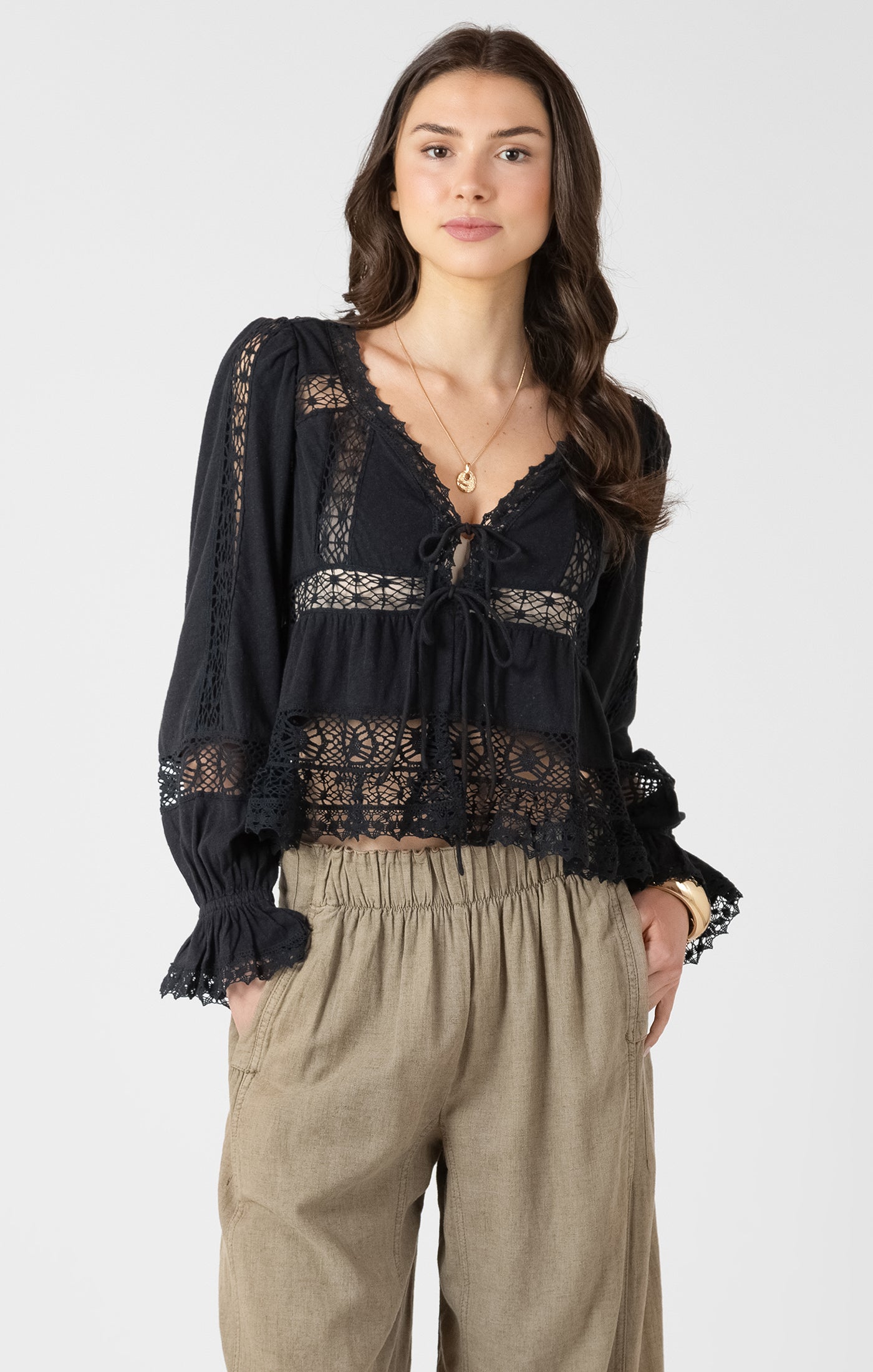 Midnight Lace Tie-Front Blouse by Dex