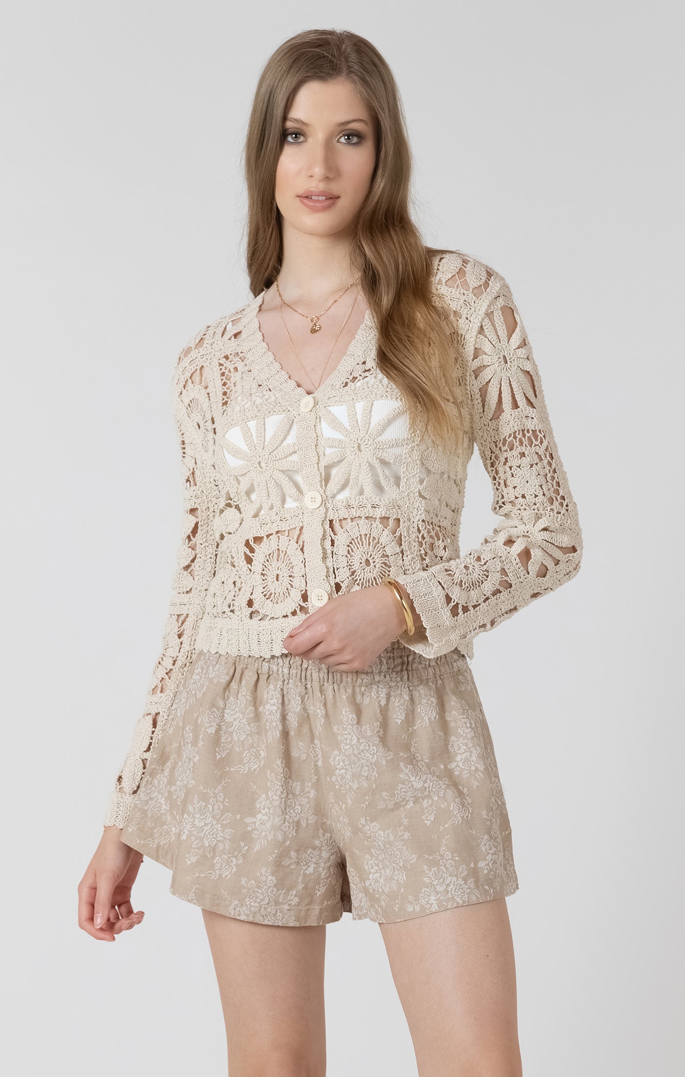 Softly Spoken Crochet Cardi in Soft Oat Milk by Dex