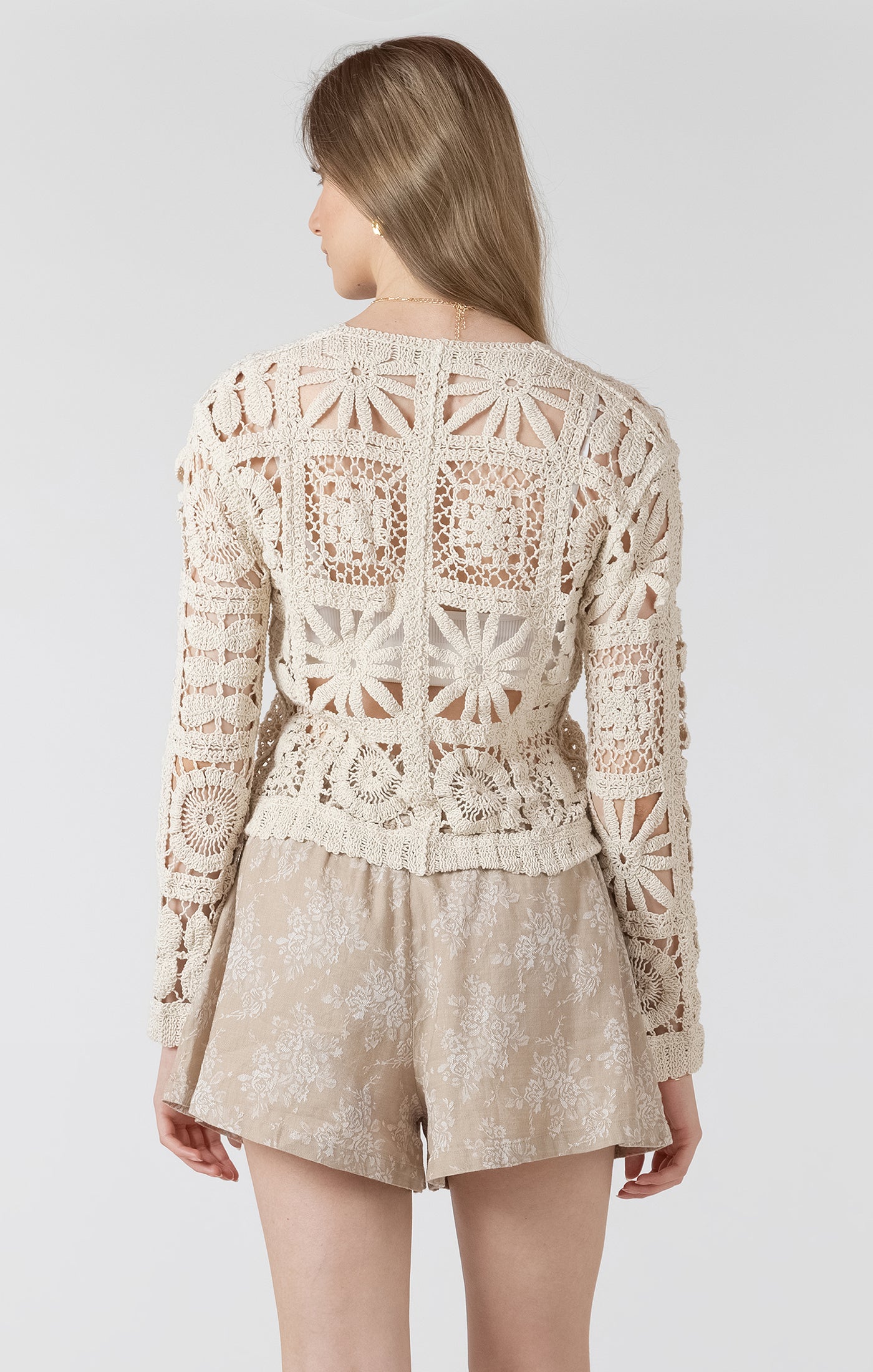Softly Spoken Crochet Cardi in Soft Oat Milk by Dex
