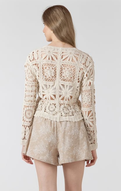 Softly Spoken Crochet Cardi in Soft Oat Milk by Dex