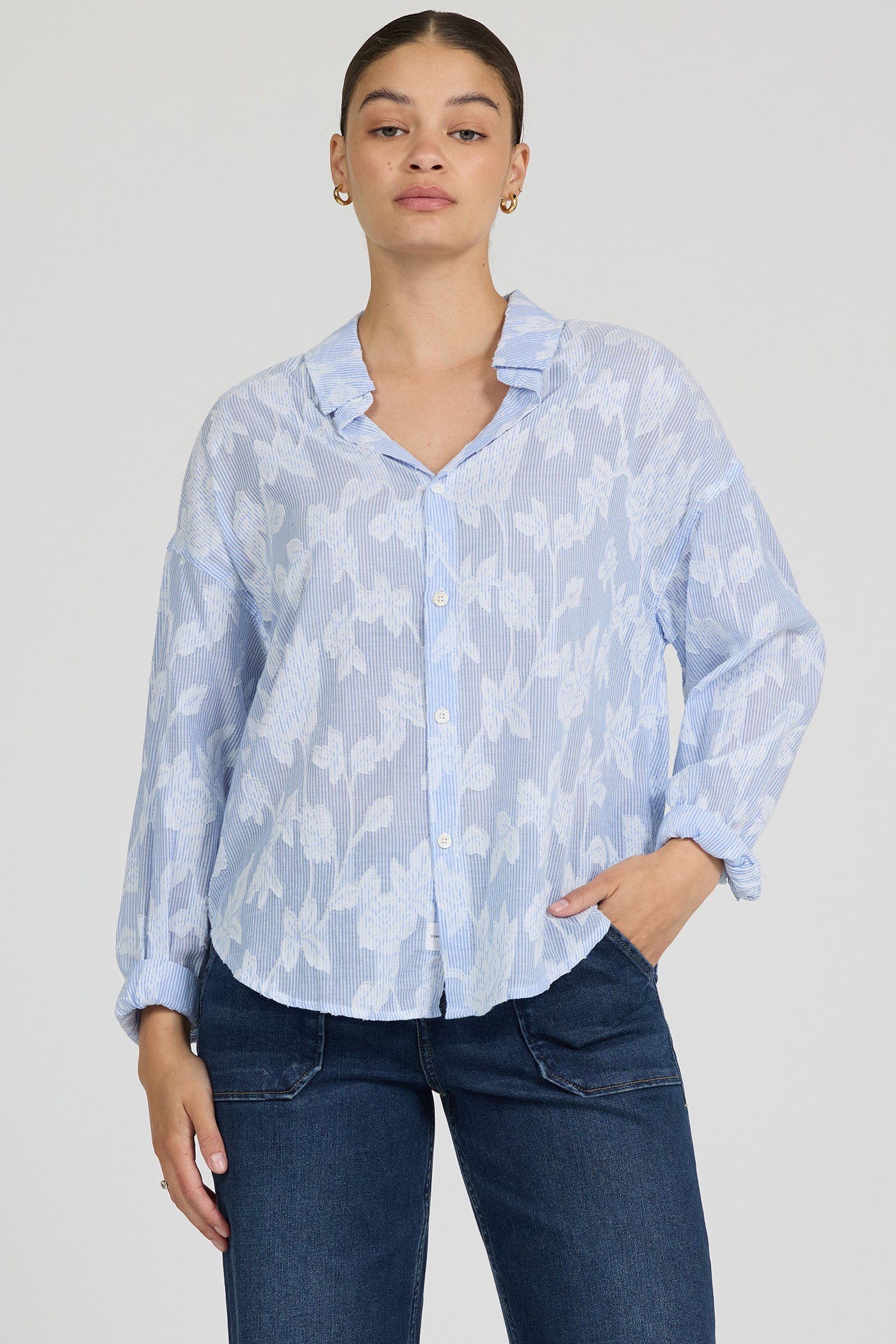 Adrianna Floral Burnout Top in Light Blue by Dear John