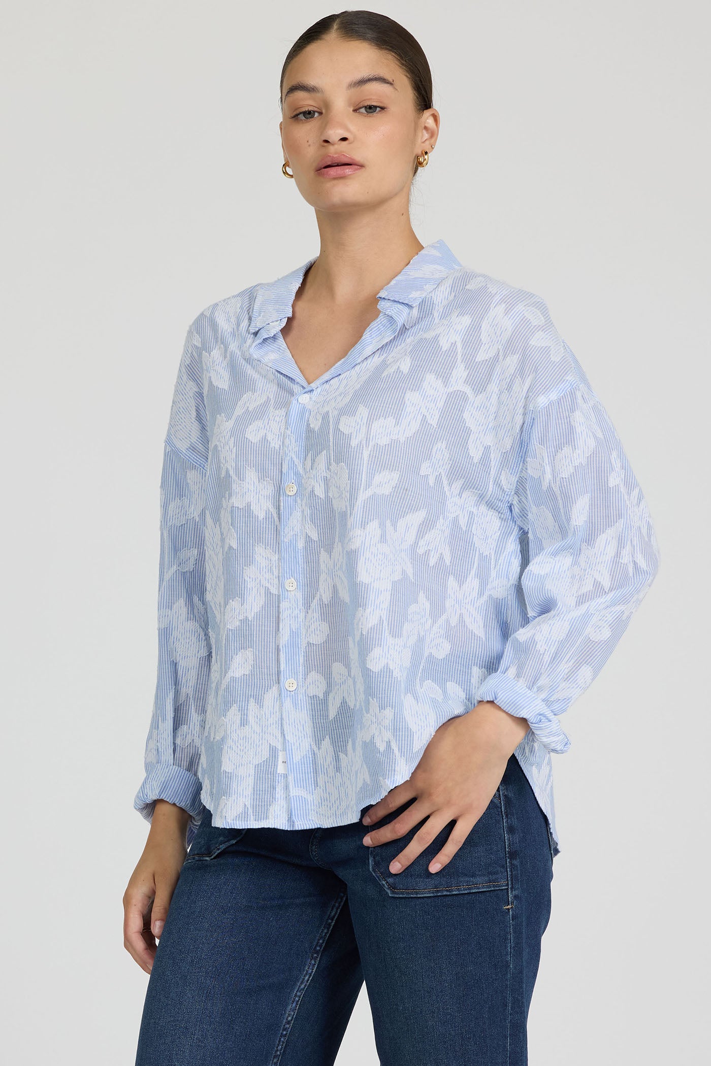 Adrianna Floral Burnout Top in Light Blue by Dear John