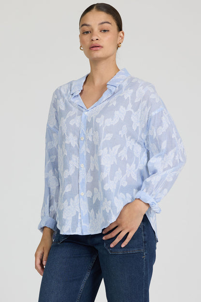 Adrianna Floral Burnout Top in Light Blue by Dear John