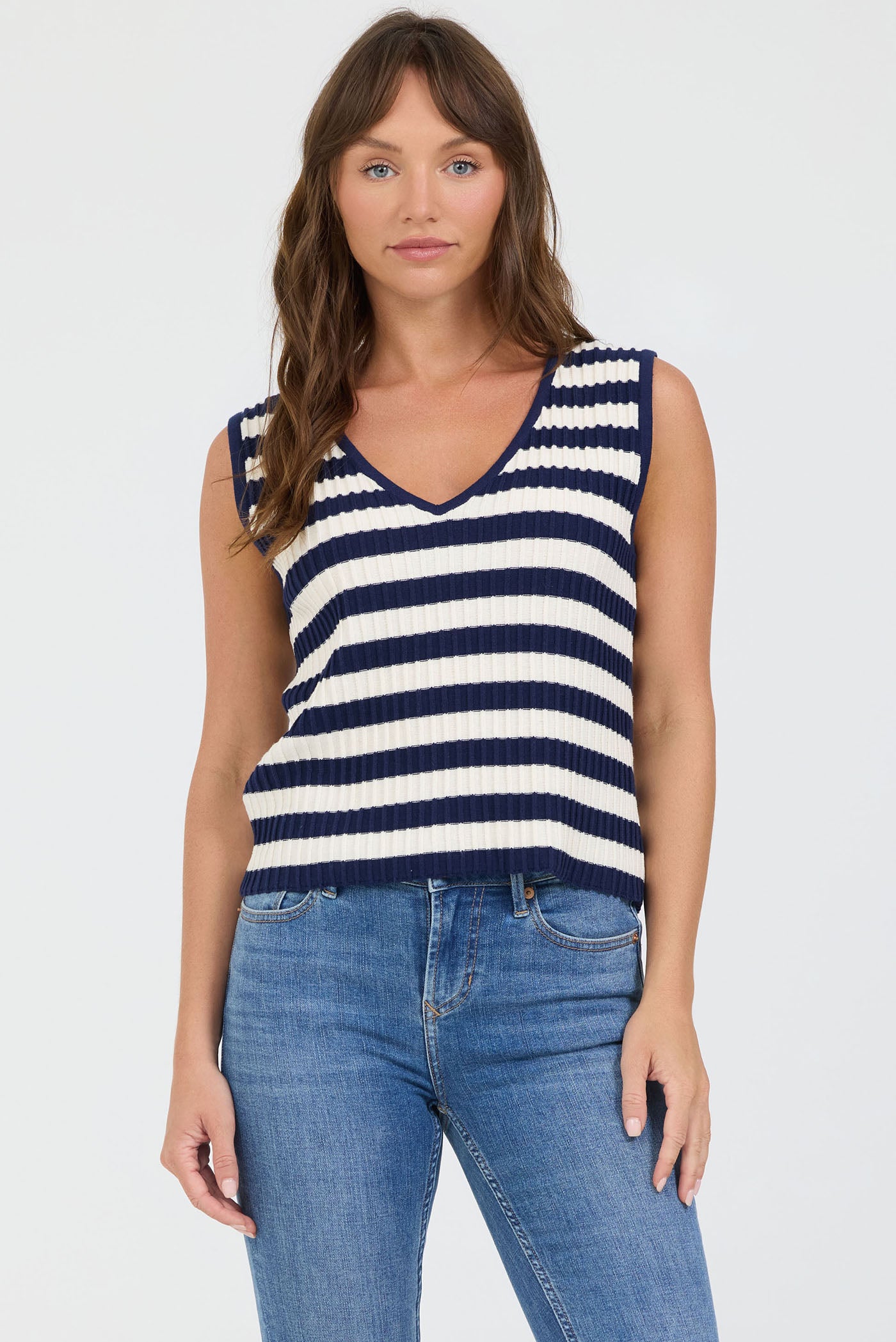 Celia Sweater Vest in Black Iris Stripe by Dear John