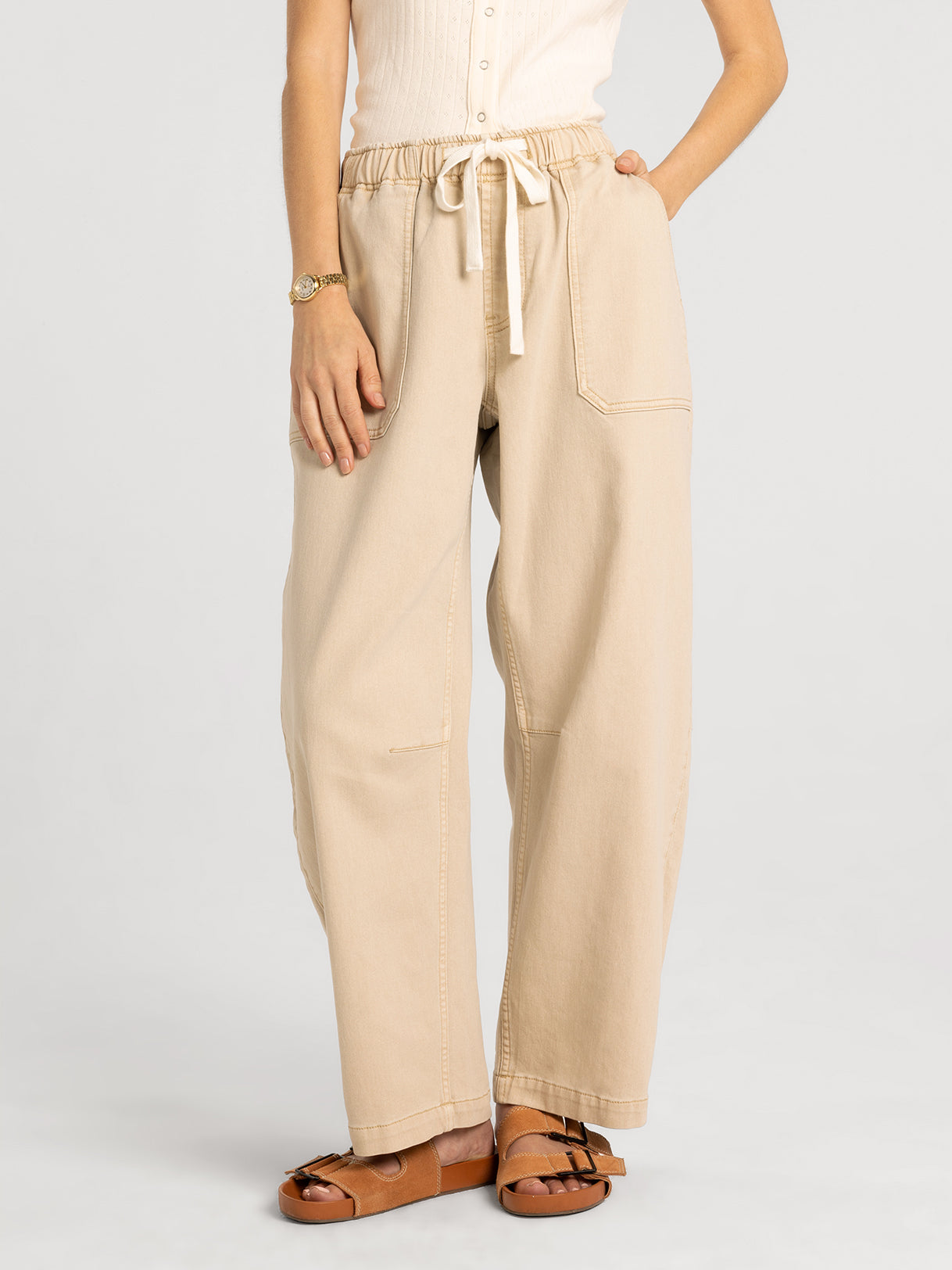 Avril Barrel Leg Pants in Khaki by Thread & Supply