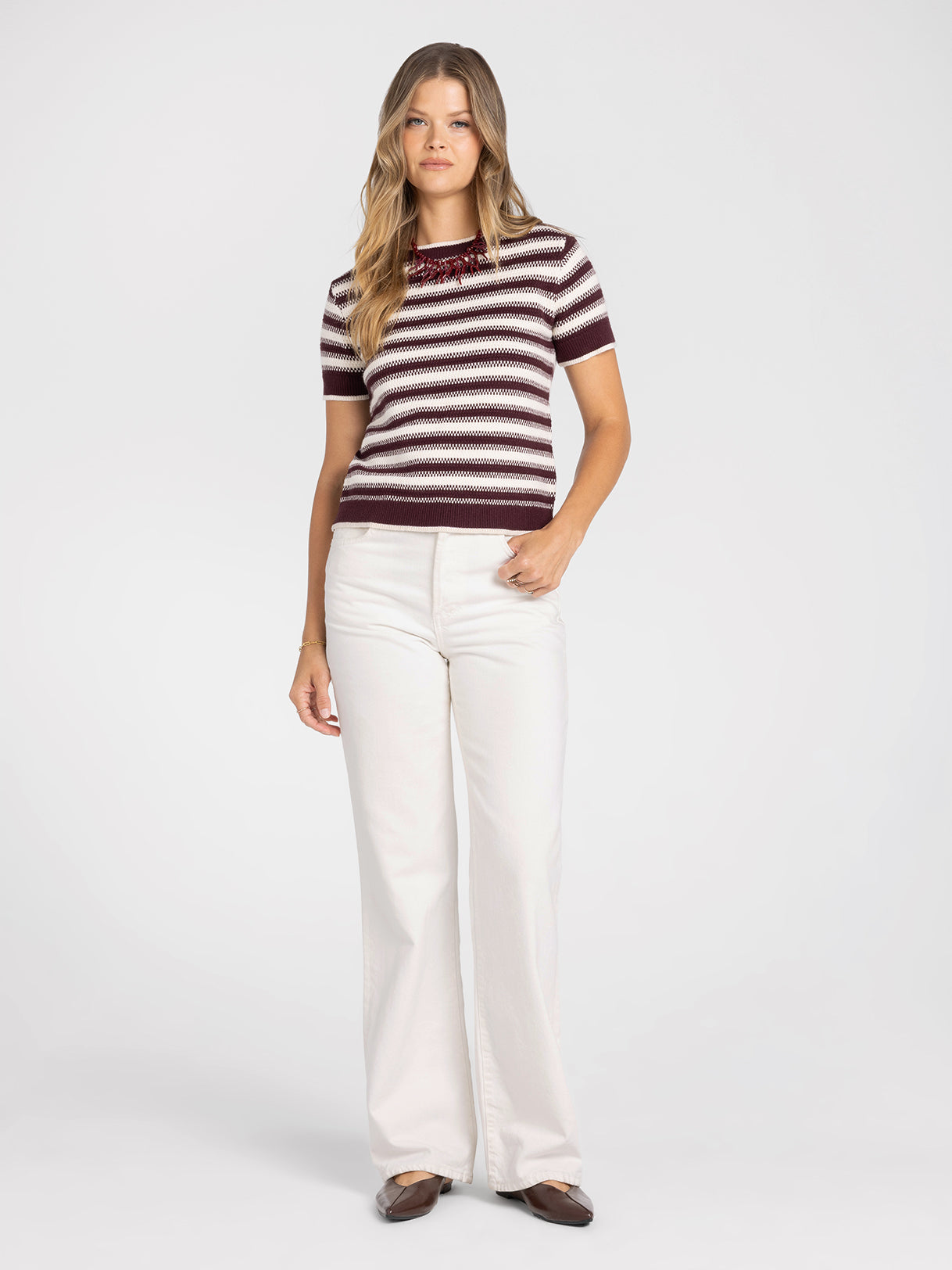 Welles Top in Cream Maroon Stripe by Thread & Supply