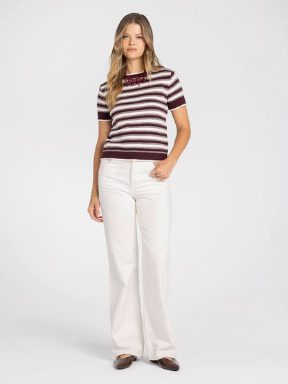 Welles Top in Cream Maroon Stripe by Thread & Supply