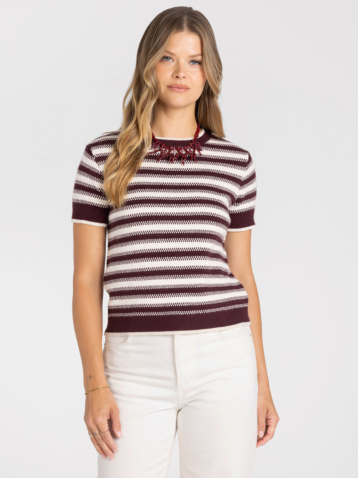 Welles Top in Cream Maroon Stripe by Thread & Supply