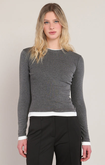 Layered Look Knit Top in Charcoal Heather
