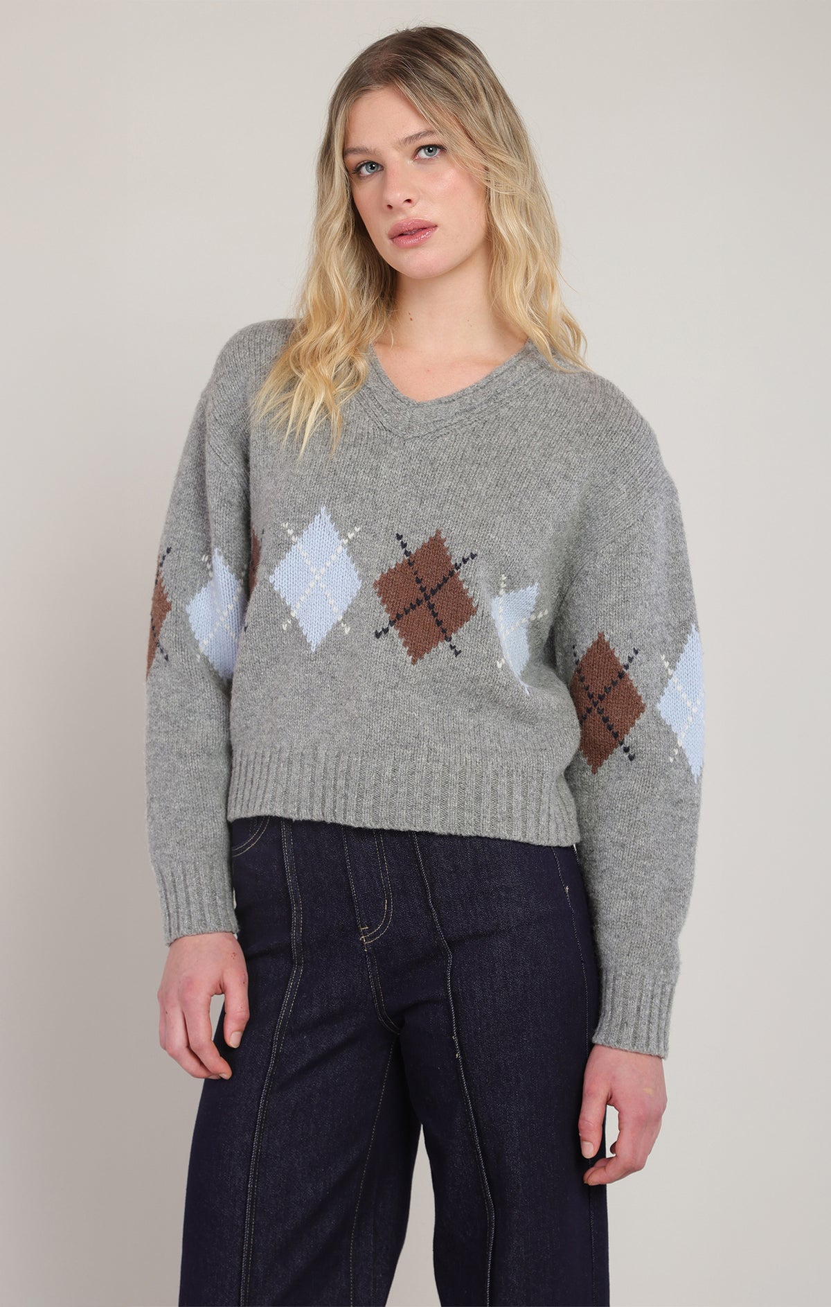 Prep Talk Argyle Sweater in Grey