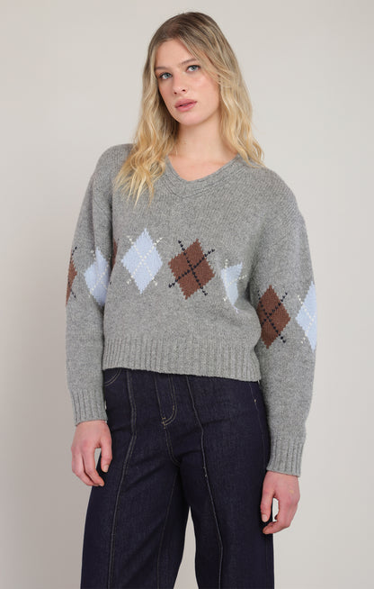 Prep Talk Argyle Sweater in Grey