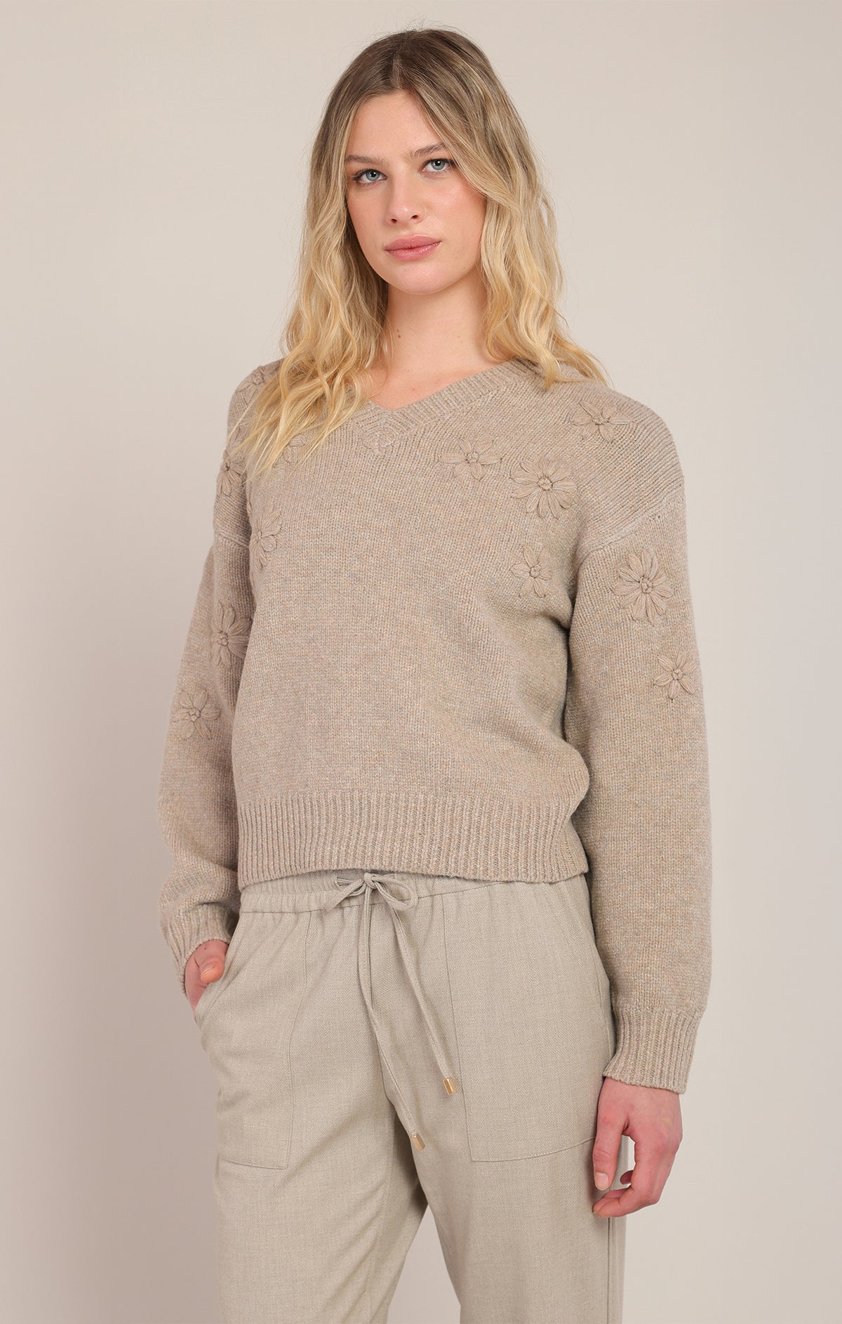 Daisy Days V-Neck Sweater in Soft Oatmeal