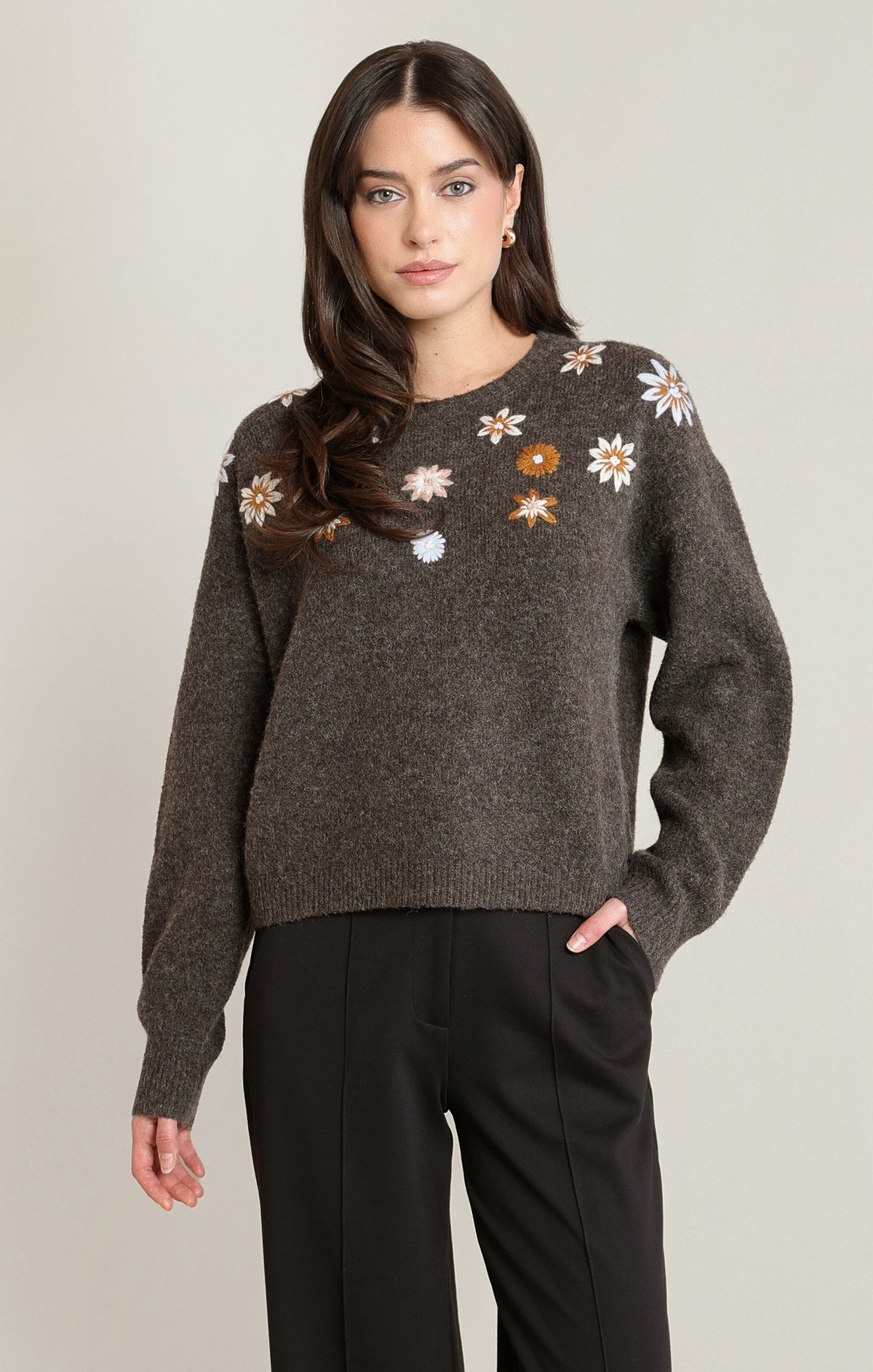 Freshly Picked Floral Sweater in Espresso Heather by Dex