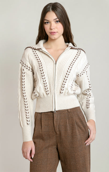 Stitched Together Cable Knit Sweater Jacket in Oatmeal by Dex