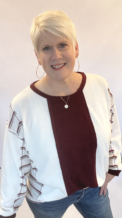 Color Block Top With Striped Waffle Knit Contrast
