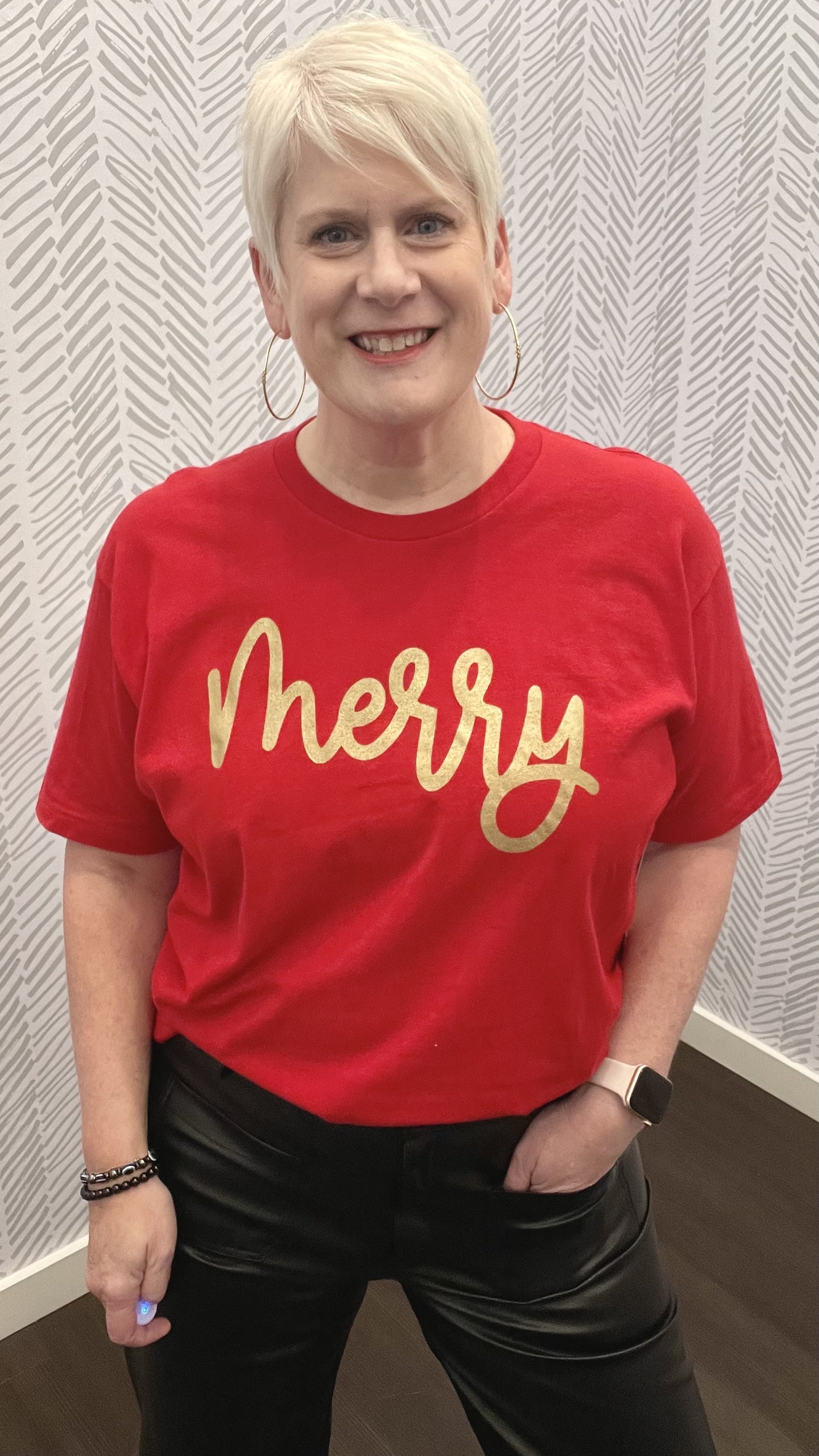 Red "Merry" Graphic Tee with Gold Lettering